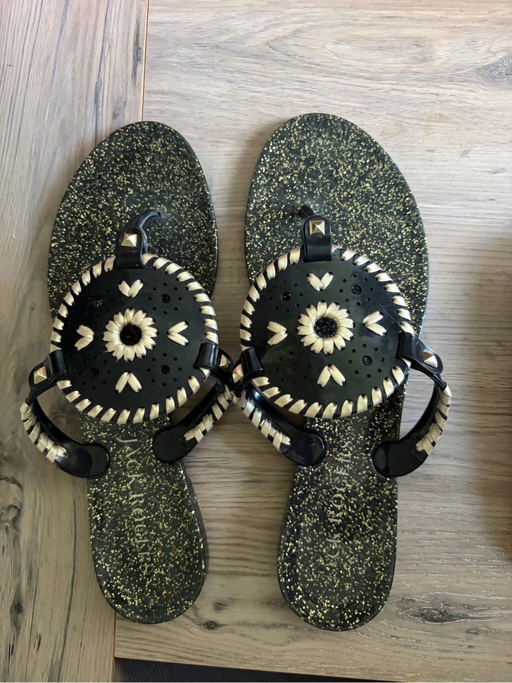 Jack Rogers Black and Gold Speckled Thong Sandals